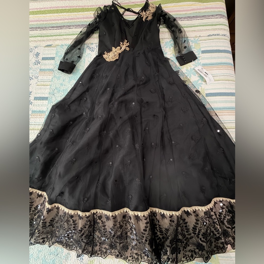 Pakistani Designer Black Dress Gown with Gold Accents - Picture 1 of 16